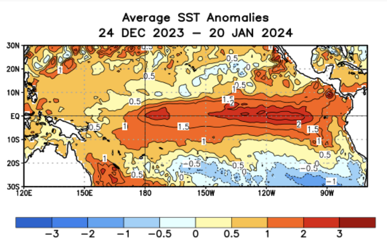 El Nino ce mois de janvier 2024; Source: NOAA