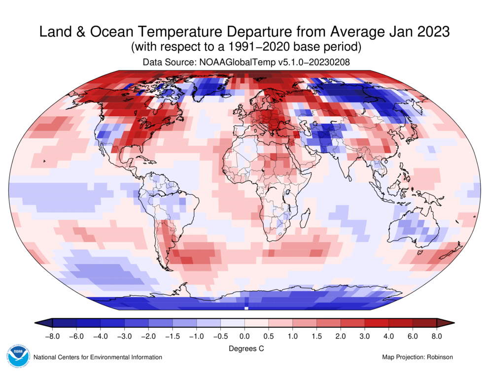 Ecart thermique moyen mondial en janvier; Source: NOAA